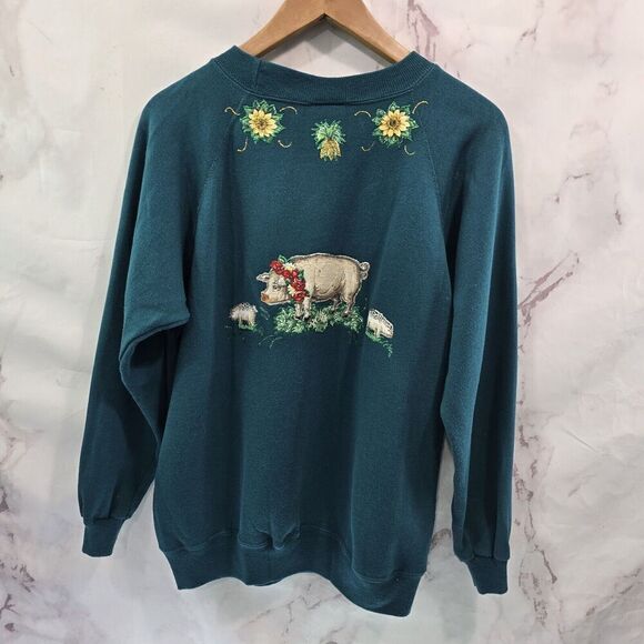 Vintage Sweatshirt Womens Large Green Cow Pig Chickens Farm Upcycled - Picture 5 of 12